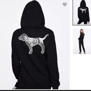 Victoria’s Secret rhinestone silver Black Dog Hoodie with Silver Sequin Design